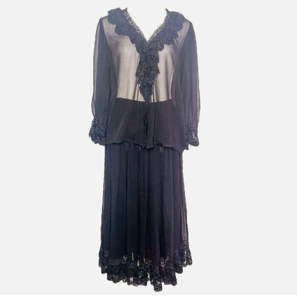 Vintage OscardeLaRenta Sheer Black Silk Lace Top Skirt Two-Piece Set